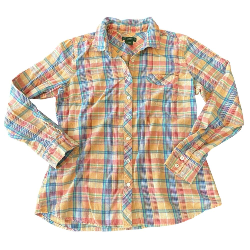 Eddie Bauer Women's peach blue purple teal plaid flannel button down shirt, M